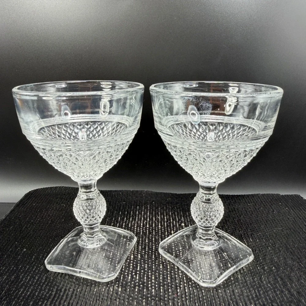 Cambridge‎ MOUNT VERNON Clear Glass Diamond Point Goblets Square Base Set 2 Cups